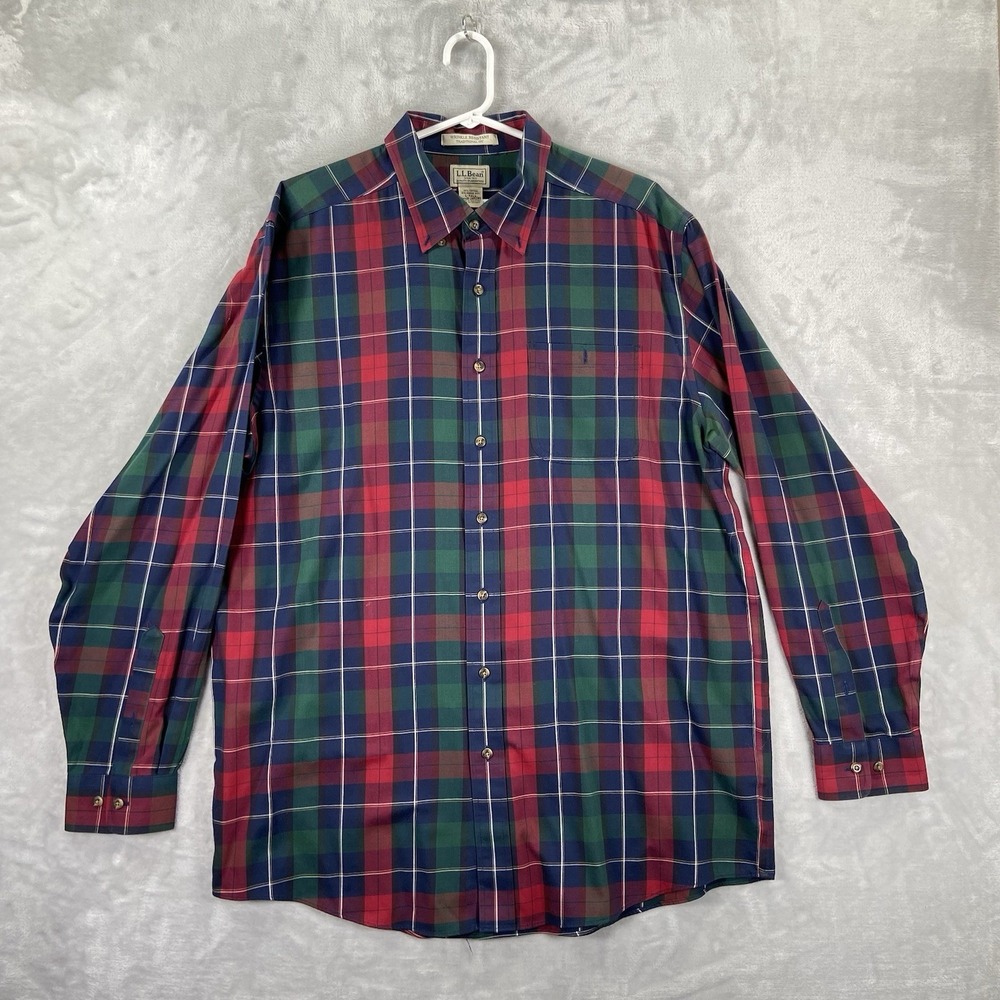 L.L. Bean Shirt Mens Large Tall Button Down Merino Wool Cotton Plaid Long Sleeve